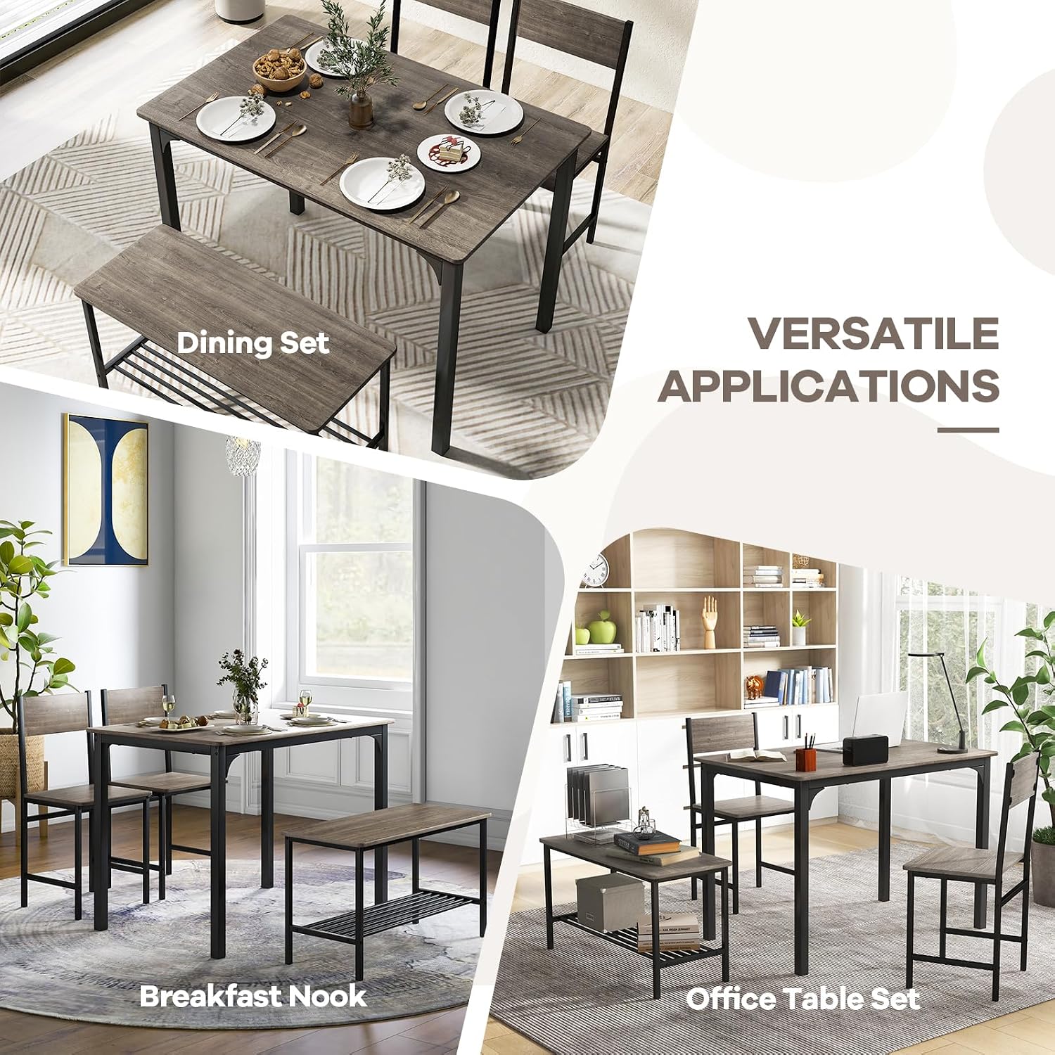 NAFORT Kitchen Table Set for 4, Industrial Dining Table with 2 Chairs & Storage Bench, Rustic Wood & Metal 4-Piece Dining Set for Small Space, Apartment, Kitchen & Dining Room