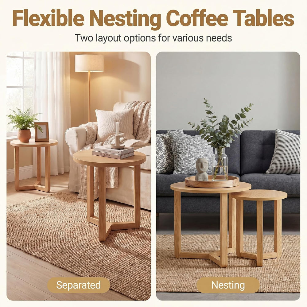 Tangkula Round Nesting Coffee Table Set of 2, Farmhouse End Tables with Solid...