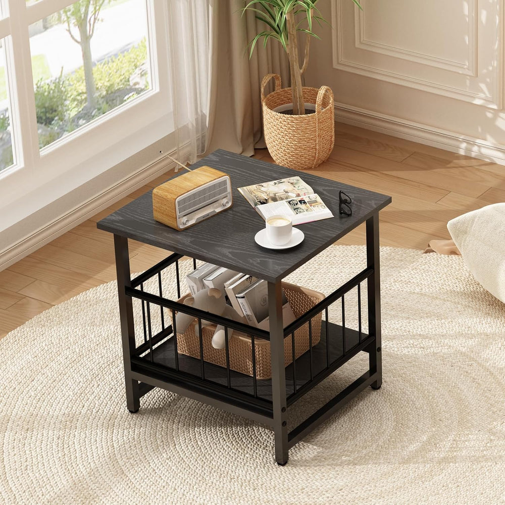 End Table, Industrial Side Table with 2-Tire Storage Shelf, 180LBS Mini Fridg...