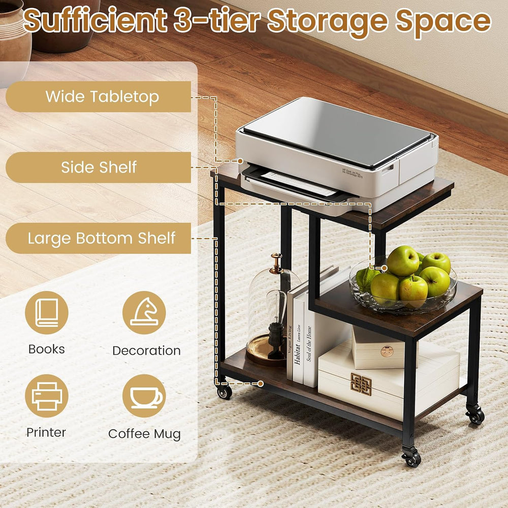 GOFLAME G-Shaped End Table, 3-Tier Sofa Side Table with Wheels, Open Shelves,...