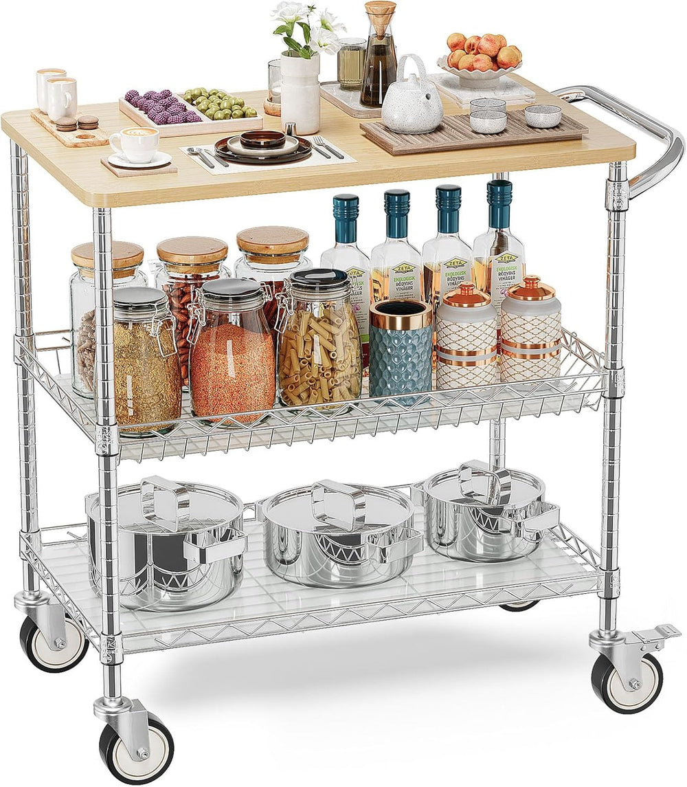 Leteuke Rolling Kitchen Carts with Wheels, 34" L x 17.5" W, 3-Tier ...