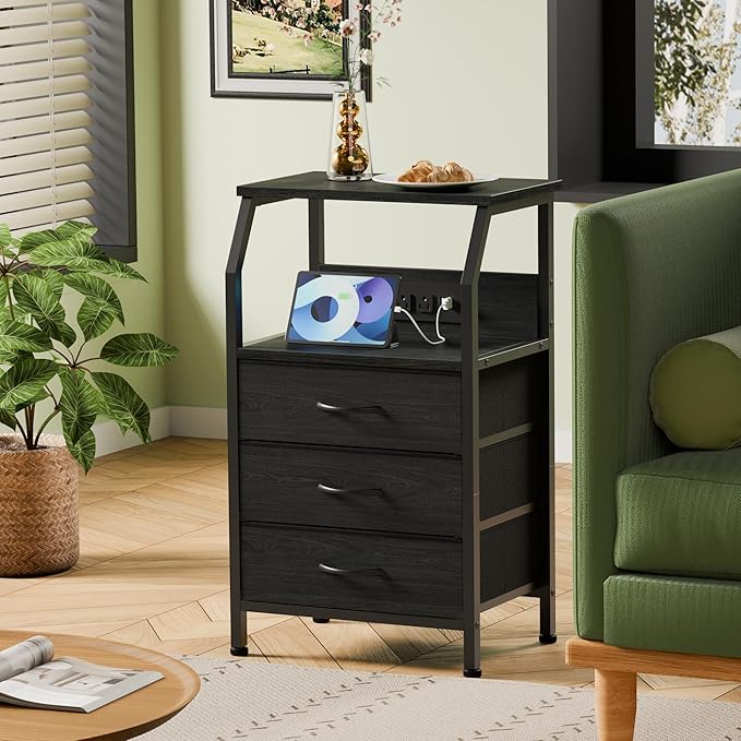 Furnulem Night Stand with Charging Station, 28.3 Inch Tall Side Table with Fa...