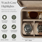 TAWBURY Watch Case - 3 Slot Portable Watch Storage Box for Home & Travel with Extra Wide Pillows for Large Watches and Compartment for Accessory Storage (Taupe)