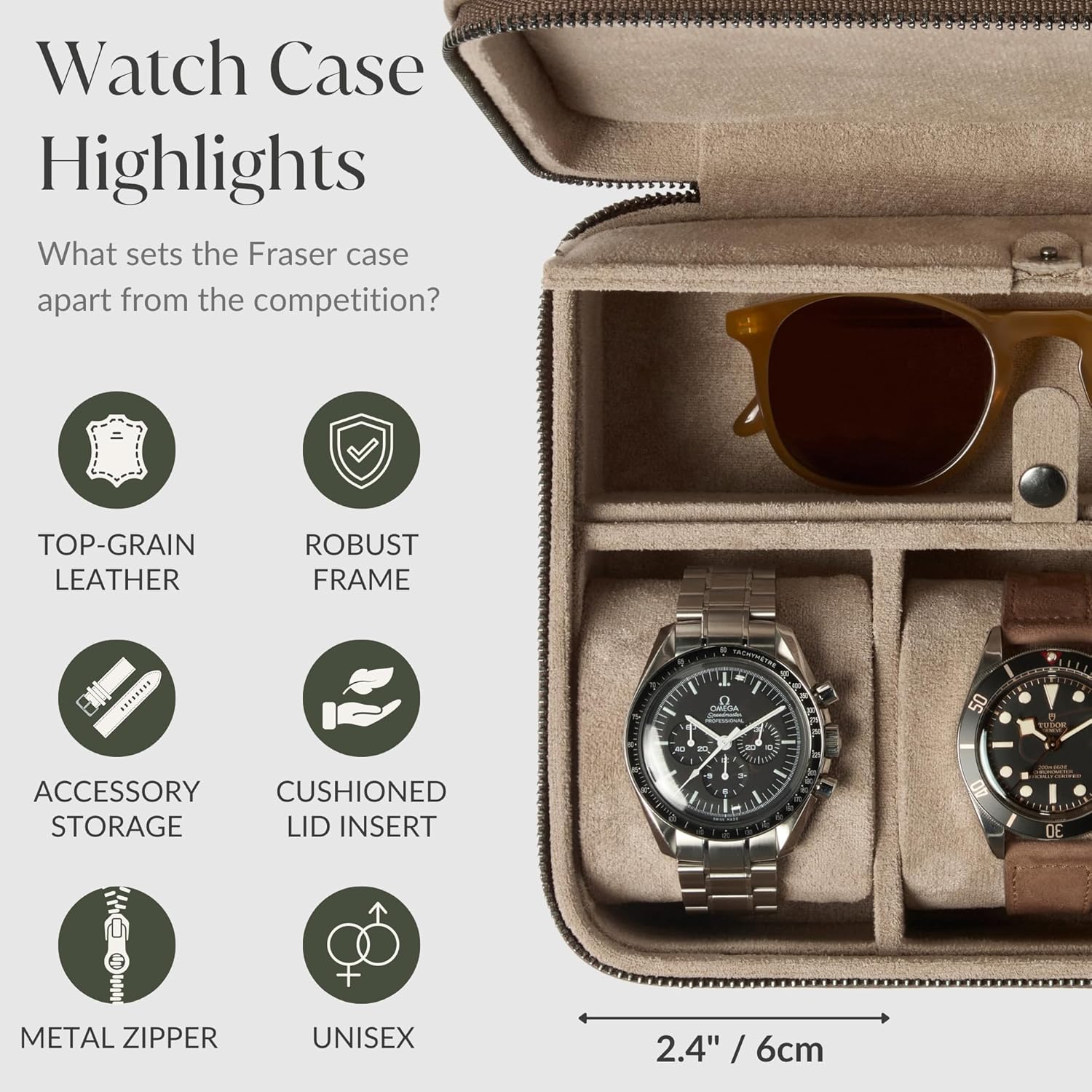 TAWBURY Watch Case - 3 Slot Portable Watch Storage Box for Home & Travel with Extra Wide Pillows for Large Watches and Compartment for Accessory Storage (Taupe)