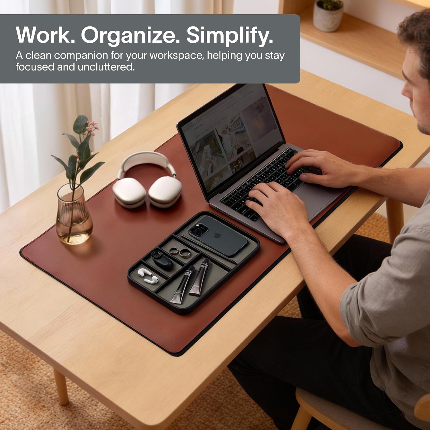 Nordik Leather Valet Tray - Large EDC Tray - Pebble Black (11.8 x 7.9 in) | Premium Vegan Leather with Two-Toned Design, Includes Five Compartments, Giftable, Catchall Tray for Keys Watch and Jewellery