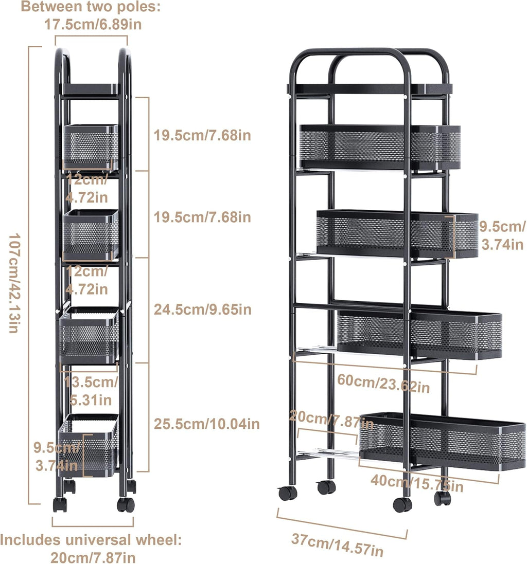 UMDONX Slim Storage Cart 5 Tier with Pull Out Basket Bathroom Organizer Rolling cart, Rolling Utility Cart Slide Out Organizer for Kitchen, Bathroom, Laundry Black