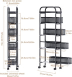 UMDONX Slim Storage Cart 5 Tier with Pull Out Basket Bathroom Organizer Rolling cart, Rolling Utility Cart Slide Out Organizer for Kitchen, Bathroom, Laundry Black