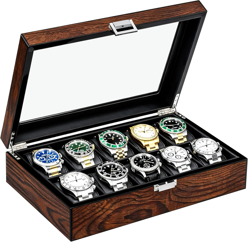 BEWISHOME Watch Box, 10-Slot Wooden Watch Case, Mens Watch Box for Men Watch Storage Organizer, Watch Holder Watch Display Case for Anniversary Birthday Brown SSH10Y