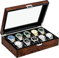 BEWISHOME Watch Box, 10-Slot Wooden Watch Case, Mens Watch Box for Men Watch Storage Organizer, Watch Holder Watch Display Case for Anniversary Birthday Brown SSH10Y