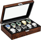 BEWISHOME Watch Box, 10-Slot Wooden Watch Case, Mens Watch Box for Men Watch Storage Organizer, Watch Holder Watch Display Case for Anniversary Birthday Brown SSH10Y