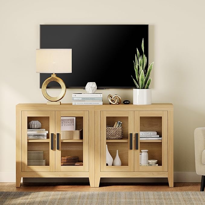 WAMPAT Farmhouse TV Stand for TVs up to 65”, Rustic Wood Entertainment Center with Adjustable Shelf, Glass Doors & Storage, Media Console Cabinet for Living-Room, Bedroom, Oak