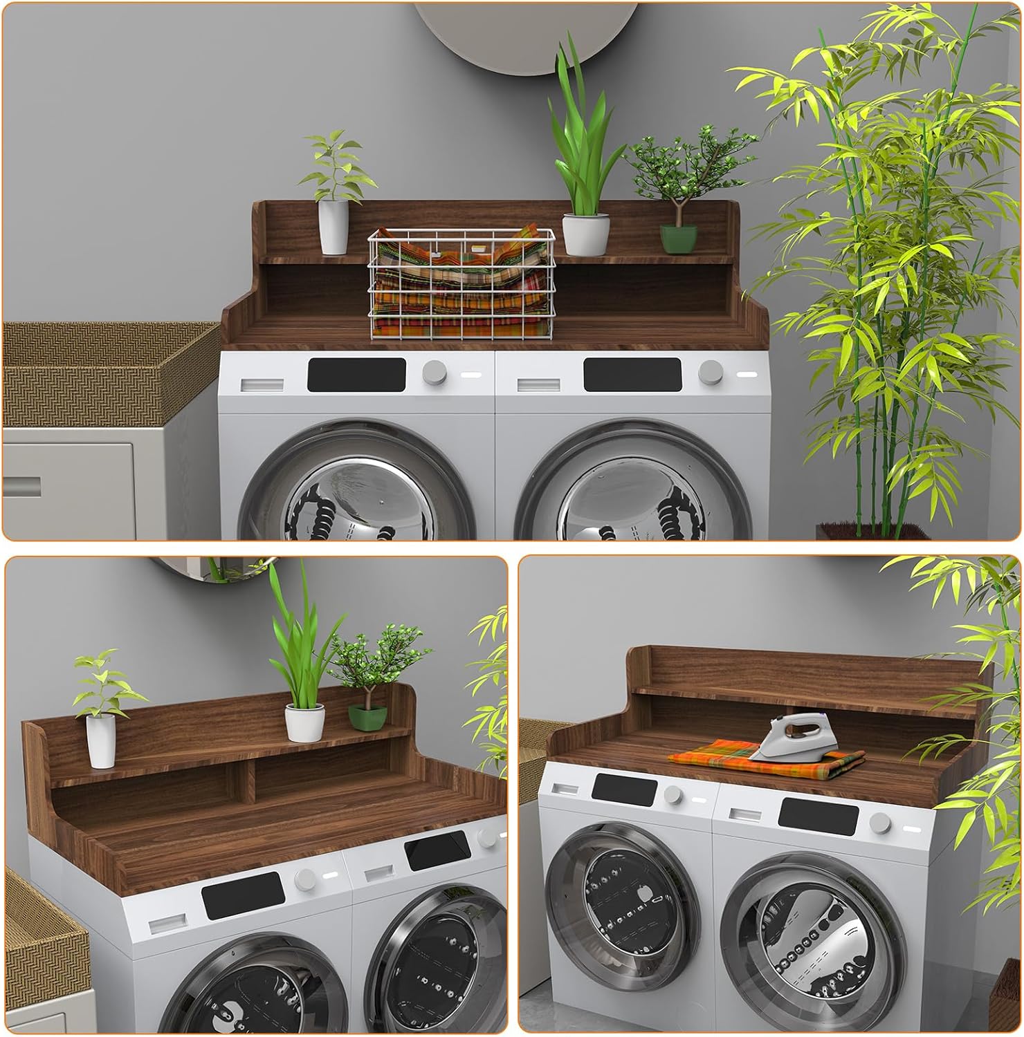 2-Tier Washer Dryer Countertop, Wood Laundry Countertop with Edge, 54" x 27.5" Top Cover for Laundry Machine, Washer and Dryer Wood Shelf Topper for Laundry Room Counter Storage Organization, Walnut