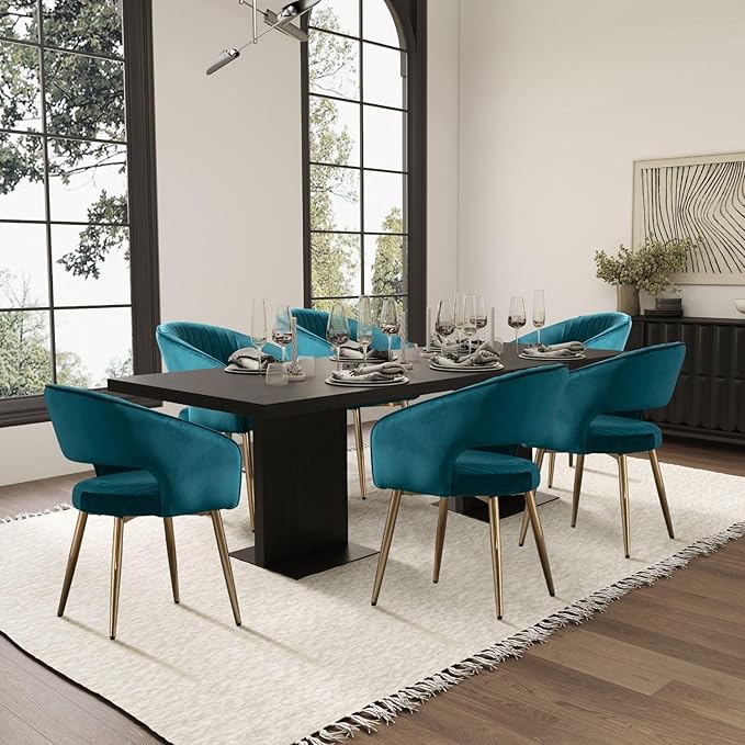 Teal Velvet Dining Chairs Gold Legs, Modern Dining Room Chairs with Arms Set of 2 Upholstered Accent Chair Armchair with Barrel Back for Kitchen Living Room