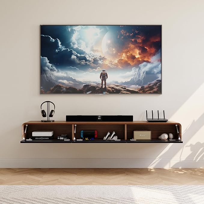 POVISON Fully-Assembled Minimalist Floating TV Stand, Modern Wall-Mounted Entertainment Center with 3 Flip-Down Cabinet Doors, Solid Wood Media Console, 70.87"