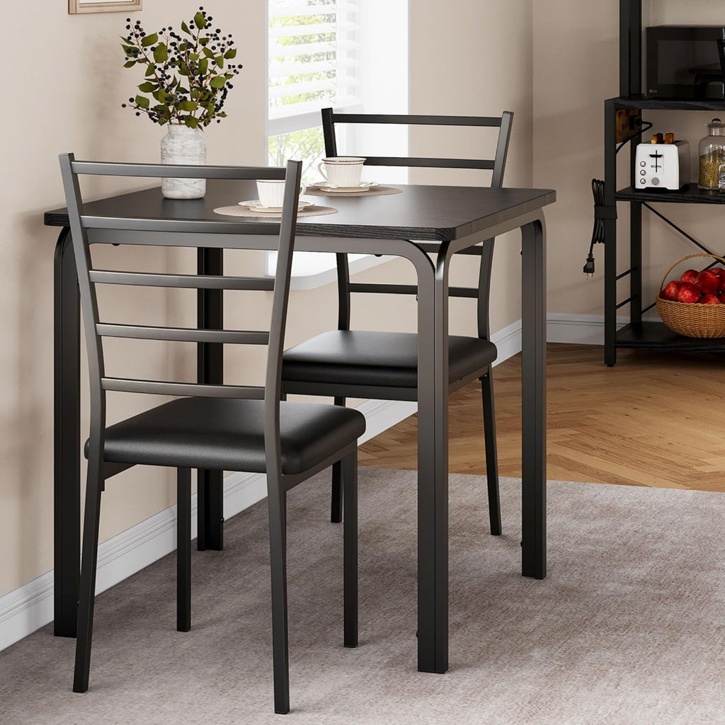 GarveeHome 3-Piece Kitchen Dining Room Table Chair Set for Small Space, Indoor Modern Dinette Set for 2, Square Dinner Table Set for Dinette (Black, Dining Table with 2 Chairs)