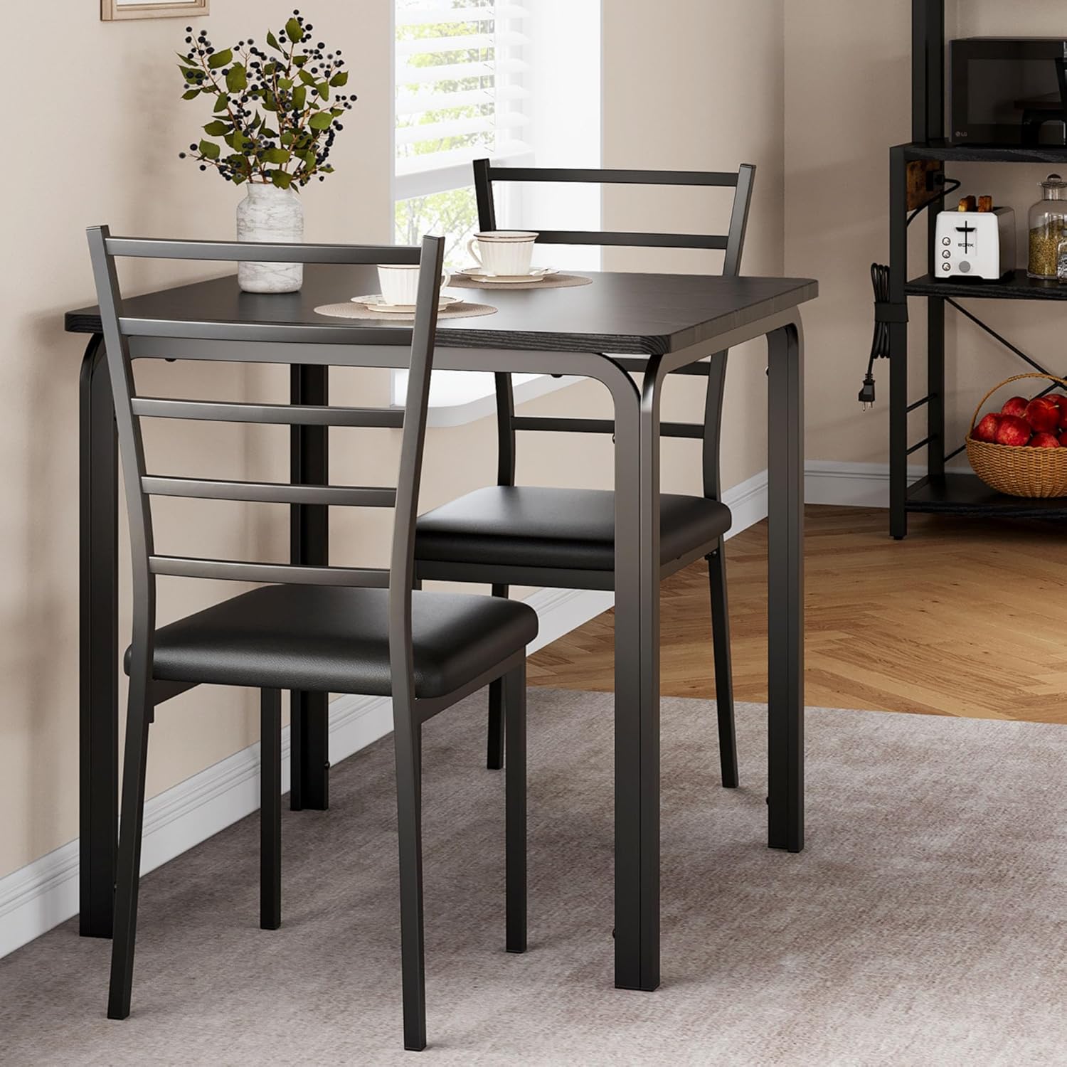 GarveeHome 3-Piece Kitchen Dining Room Table Chair Set for Small Space, Indoor Modern Dinette Set for 2, Square Dinner Table Set for Dinette (Black, Dining Table with 2 Chairs)