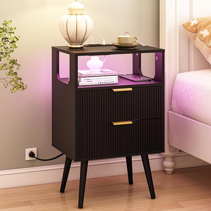 Black Nightstand with Charging Station and LED Lights,Modern Bedside Table wi...
