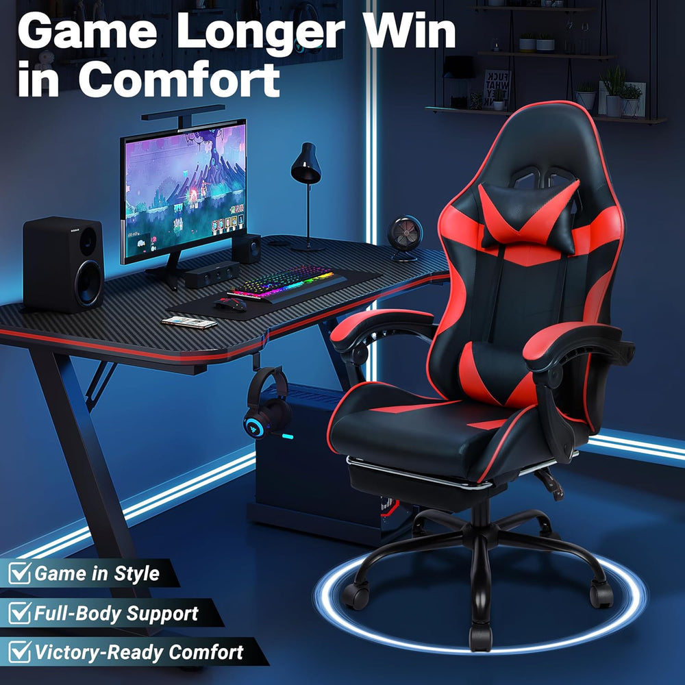 Gaming Chair with Footrest and Lumbar Support, Height Adjustable Chair with 3...