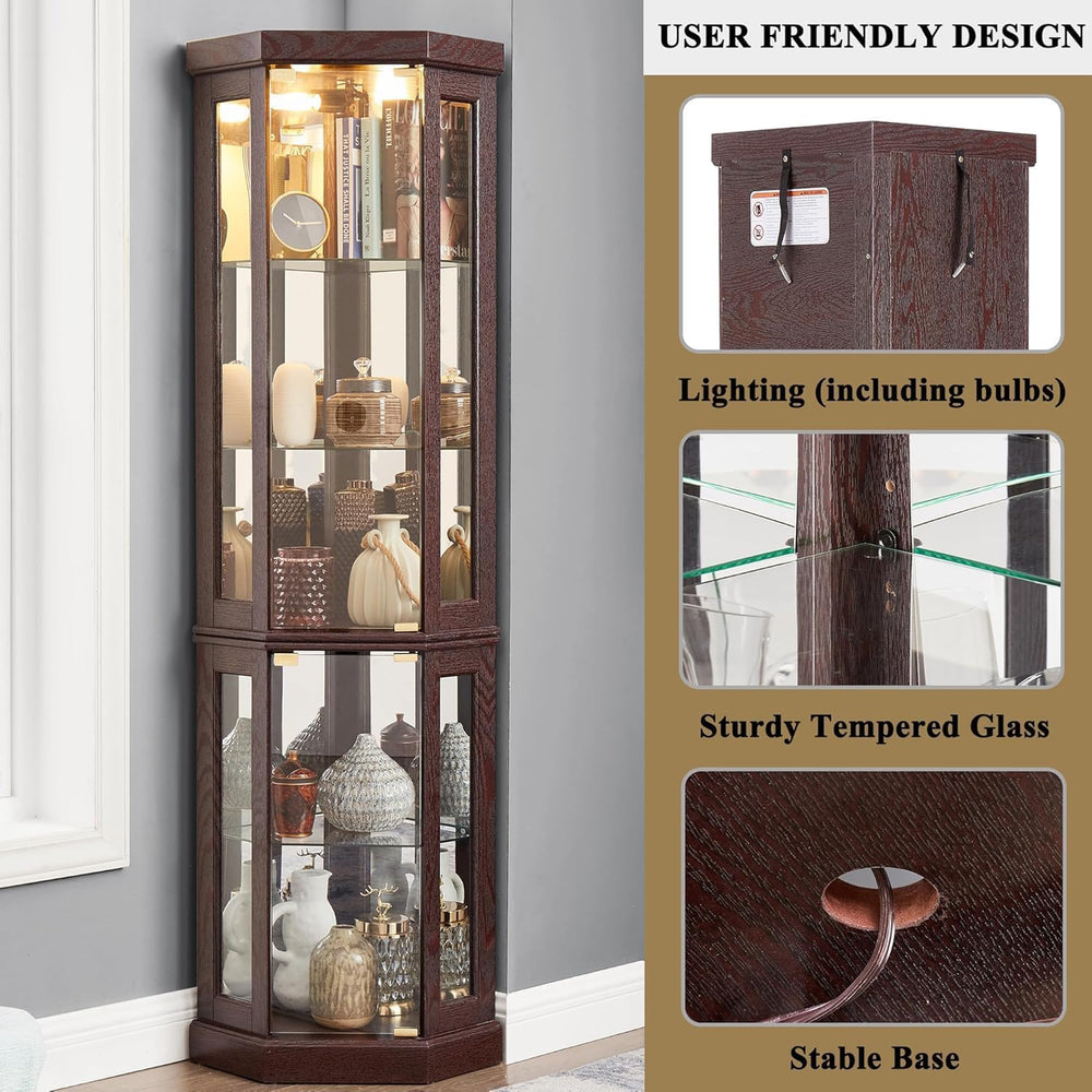 69" H Lighted Corner Curio Cabinet, 5-Tier Curio Glass Display Cabinet w...