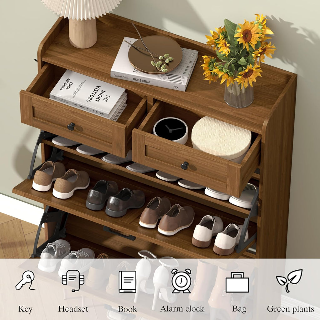 Thacuok Shoe Cabinet with 2 Flip Drawers & 2 Storage Drawers, Rustic Farmhouse Narrow Shoe Organizer Cabinet, Slim Shoe Rack Cabinet, Shoe Storage Cabinet for Entryway, Hallway