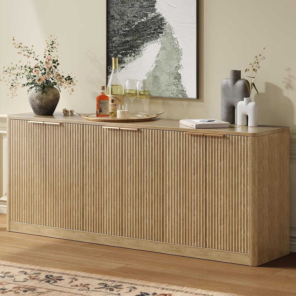 67 Inch Fluted Oak Buffet Cabinet Sideboard with 6 Doors, Large Wood Credenza...