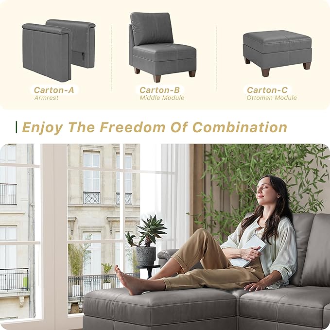 SITJOY Faux Leather Modular Sectional Sofa with Storage, Mid Century Modern Sectional Couches for Living Room, Soft Padded Armrests, Chaise Lounge with Ottoman, Gray