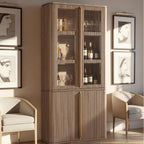 77" Tall Pantry Cabinets with Glass Doors, Fluted Storage Cabinet, Oak 2pcs | Wooden Kitchen Food Cupboard, Adjustable Shelves, Modern Display Storage Closet for Living Room, Dining Room, Office