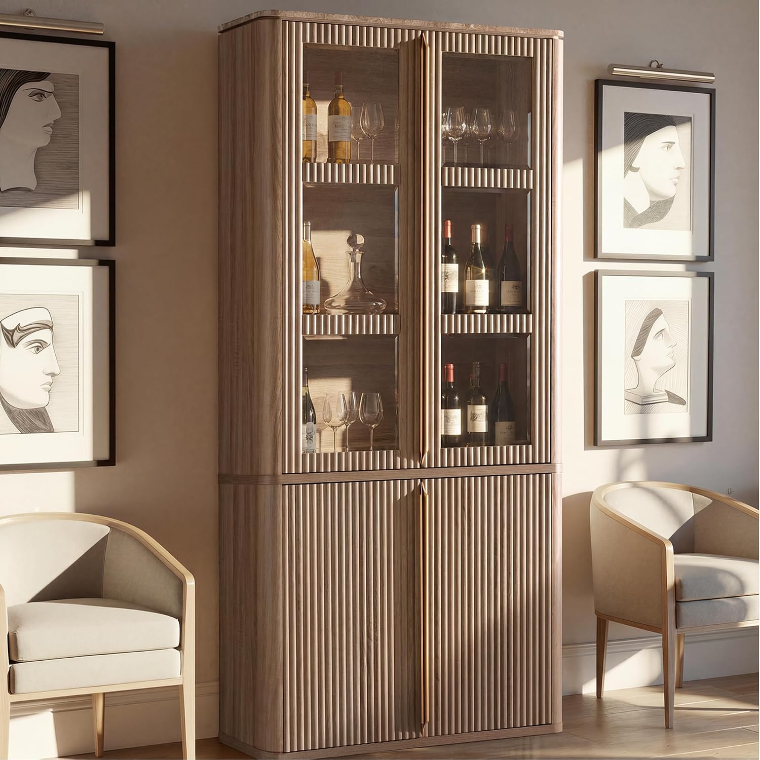 77" Tall Pantry Cabinets with Glass Doors, Fluted Storage Cabinet, Oak 2pcs | Wooden Kitchen Food Cupboard, Adjustable Shelves, Modern Display Storage Closet for Living Room, Dining Room, Office