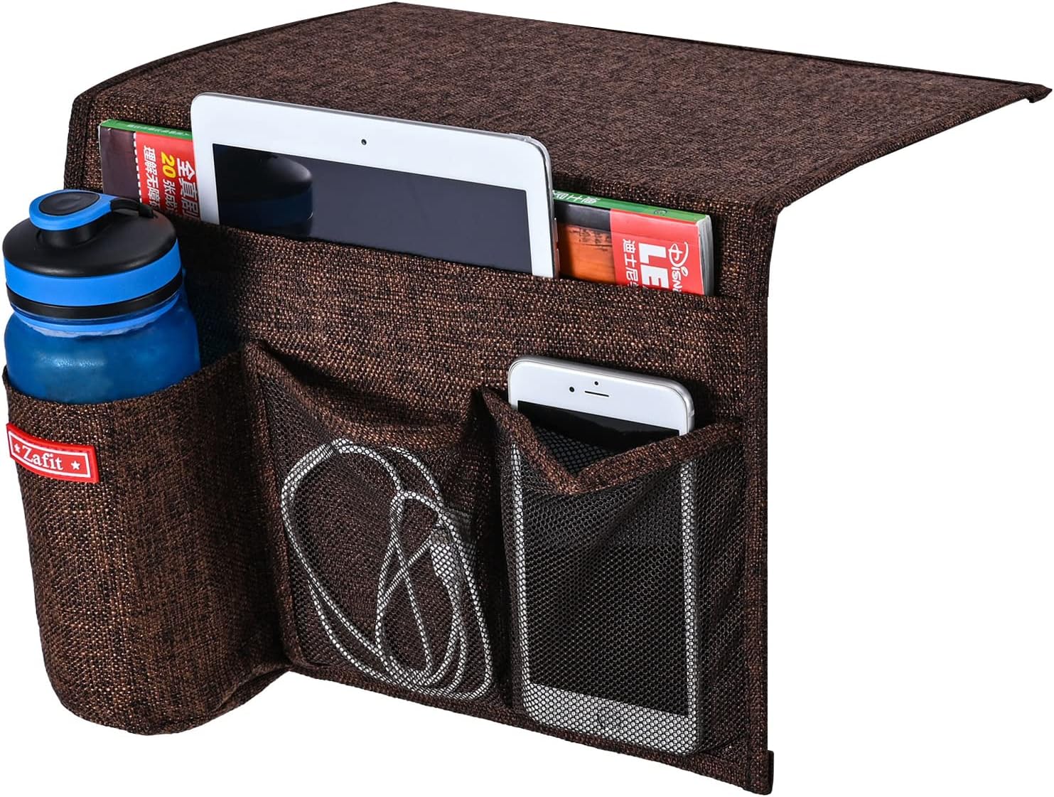 Linen 4 Pockets Bedside Caddy, Bedside Storage Organizer for Magazine, Remotes, Phone (Coffee)