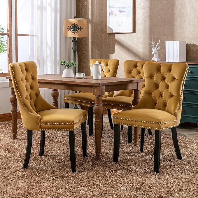 Modern Dining Chairs Set of 2, Tufted Upholstered Dining Chair with Solid Woo...