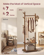 VASAGLE Freestanding Coat Rack Stand with 7 Hooks, 2 Shelves, 4 Removable 360° Swivel Wheels, Wooden Hooks and Pole, for Entryway, Bedroom, Living Room, Walnut Brown URCR053KJ01