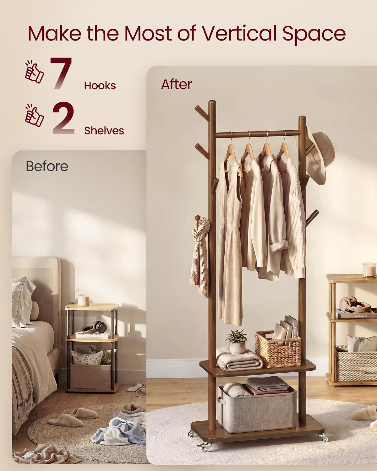 VASAGLE Freestanding Coat Rack Stand with 7 Hooks, 2 Shelves, 4 Removable 360° Swivel Wheels, Wooden Hooks and Pole, for Entryway, Bedroom, Living Room, Walnut Brown URCR053KJ01