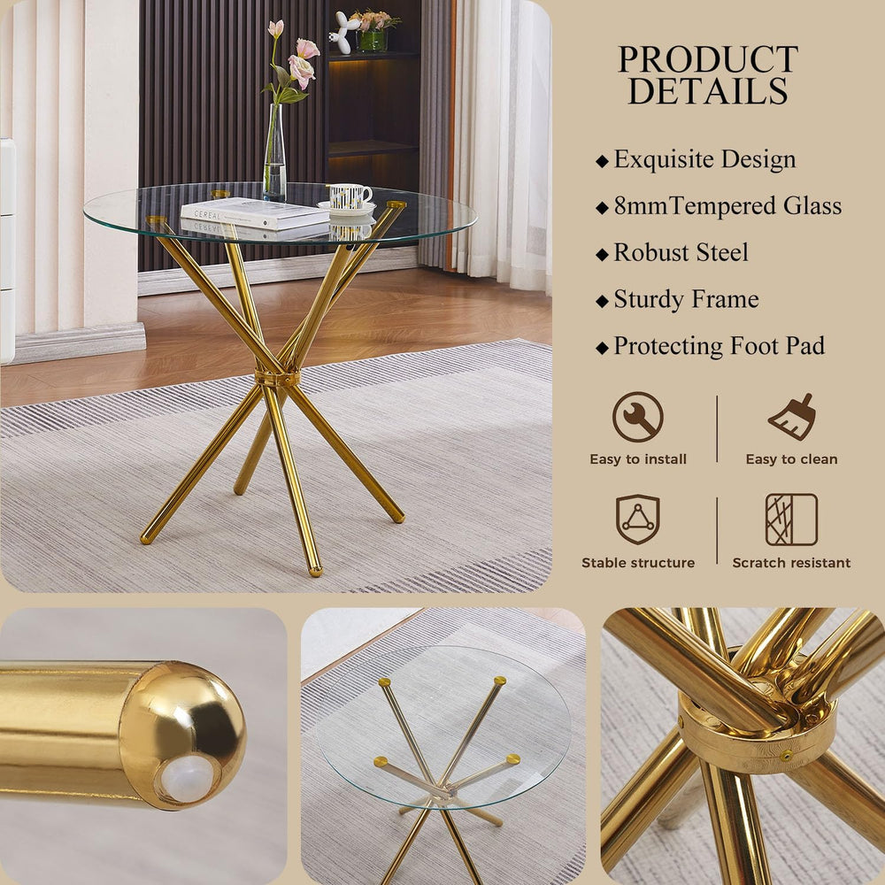 36" Round Glass Dining Room Table with Glass Top and Gold Legs for Kitch...