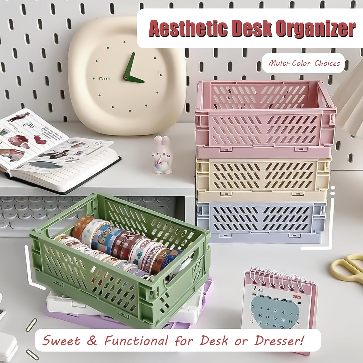 Pastel Plastic Storage Baskets 2 Pack, Collapsible Crates for Organizing, Space-Saving Bins for Kitchen, Office, Bedroom (Orange, Small: 5.8"x 3.8" x 2.2")