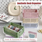 Small Pastel Plastic Storage Bins 2Pcs Foldable Pastel Crates Plastic Basket Colorful Storage Containers Baskets for Classroom Kitchen Office Bedroom Desktop Home Decor (Pink 5.8" x 3.8" x 2.2")