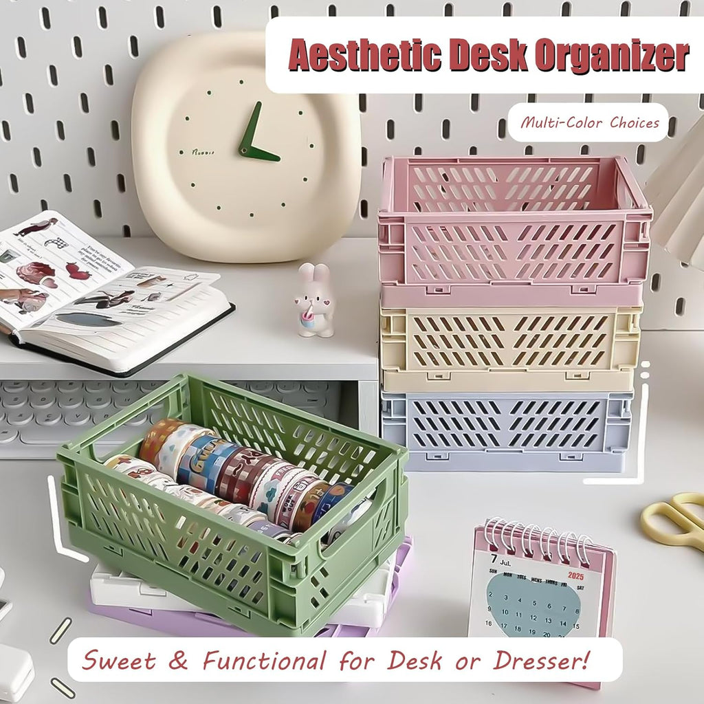 Small Pastel Plastic Storage Bins 2Pcs Foldable Pastel Crates Plastic Basket Colorful Storage Containers Baskets for Classroom Kitchen Office Bedroom Desktop Home Decor (Yellow 5.8" x 3.8" x 2.2")