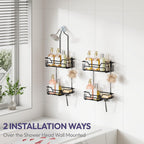 SWTYMIKI Bathroom Shower Caddy Hanging - Extended Length 2 Tier Rustproof Over Shower Head Organizer, No Drilling Bathroom Shelf with 14 Hooks & Soap Holder, Anti-Swing Rack, Black, Medium