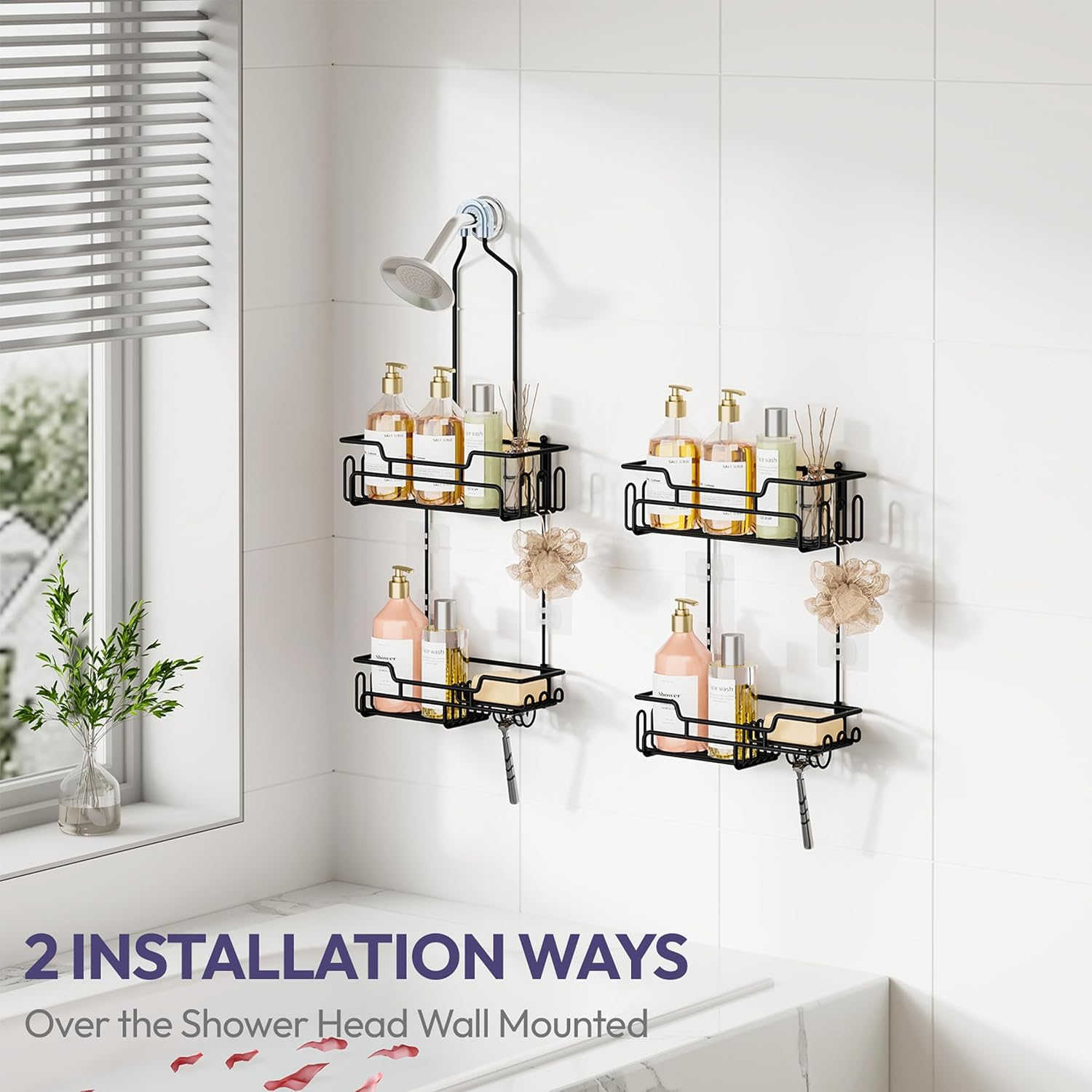 SWTYMIKI Bathroom Shower Caddy Hanging - Extended Length 2 Tier Rustproof Over Shower Head Organizer, No Drilling Bathroom Shelf with 14 Hooks & Soap Holder, Anti-Swing Rack, Black, Medium