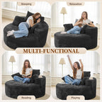 Luxanimarion 55''W 3.5CM Corduroy Single Foam Sofa, Oversized Round Chair with Pillows, Modern Sleeper for Living Rooms, Lounges, Nurseries and Projection Rooms, Wide-Arm Lounge Chair Armchair, Black