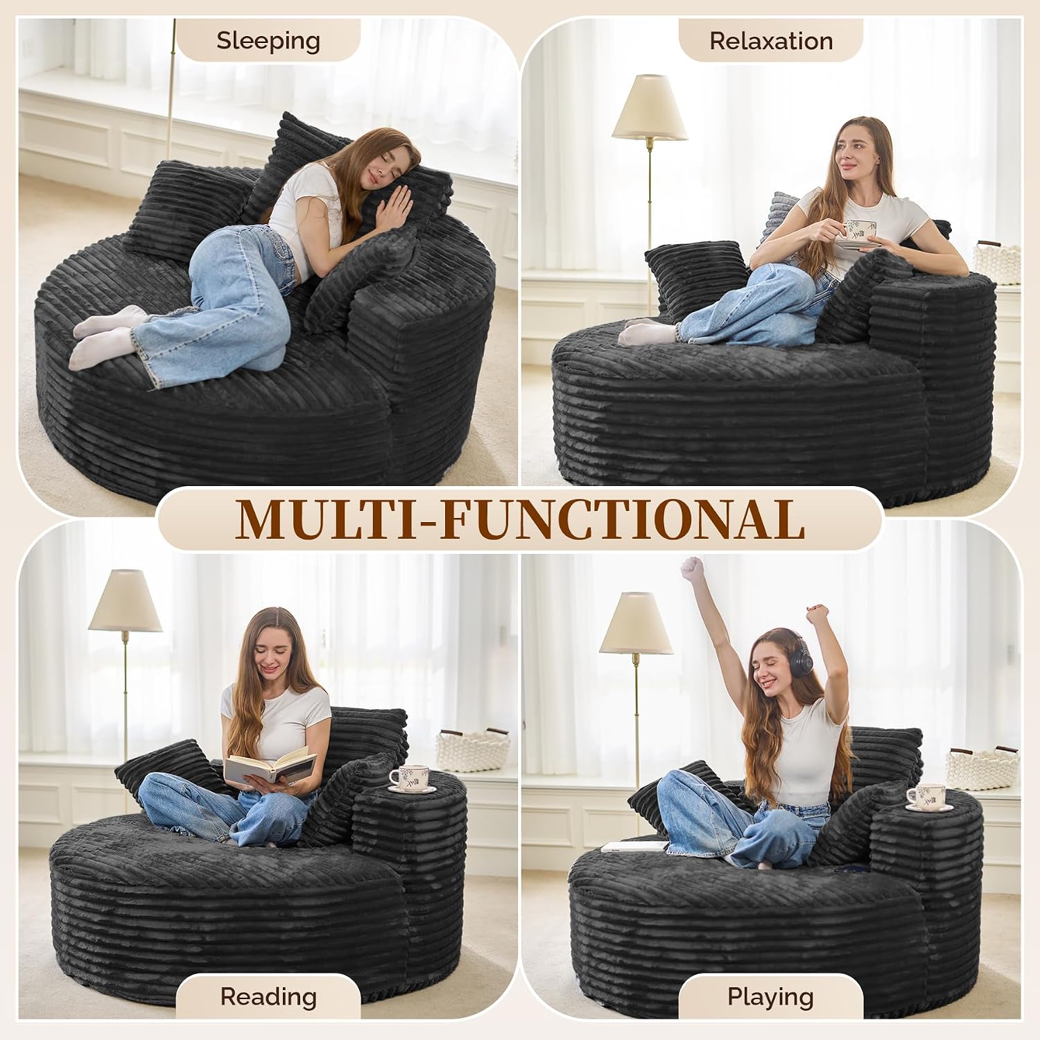 Luxanimarion 55''W 3.5CM Corduroy Single Foam Sofa, Oversized Round Chair with Pillows, Modern Sleeper for Living Rooms, Lounges, Nurseries and Projection Rooms, Wide-Arm Lounge Chair Armchair, Black