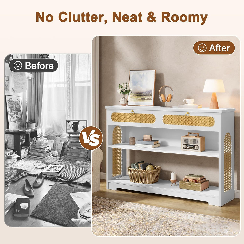 Hoctieon Rattan Console Table with 2 Drawers, 3-Tier Boho Woven Entryway Tabl...