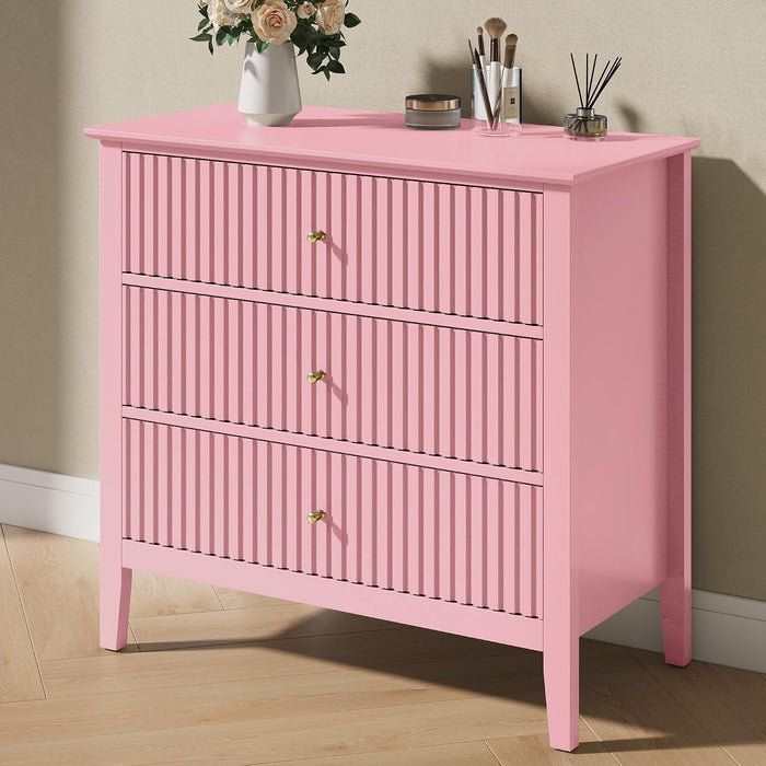 RoyalCraft 32" Large Nightstand Set of 2, Fluted Painted Bedside Table with 3 Spacious Drawers, Modern Tall End Table for Bedroom, Pink