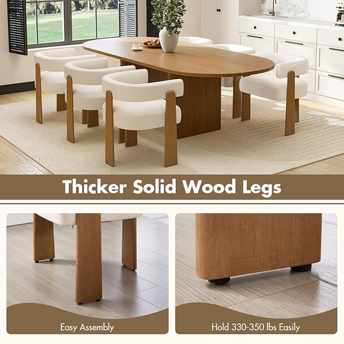 Set of 4 Modern Boho Barrel Dining Chairs with Wood Legs, White Upholstered Accent Armchairs with Thick Padded Cushion for Kitchen, Minimalist Natural Chic Chairs for Living Room