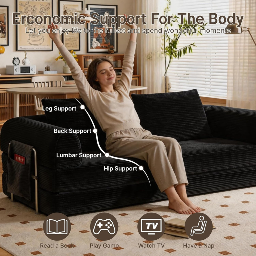 78" Convertible Sofa Bed, Corduroy Futon Couch with Storage Pocket, Boneless Pull Out Sleeper Sofa, Foldable Couch for Living Room Bedroom, No Assembly Space Saver, Black