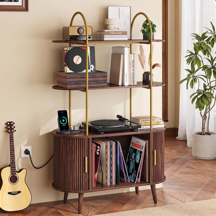 Tall Record Player Stand with Charging Station, 3 Tier Arched Shelf & Vinyl Record Storage Cabinet, Mid Century Fluted Media Turntable Stand, Wood Album Organizer for Living Room Walnut