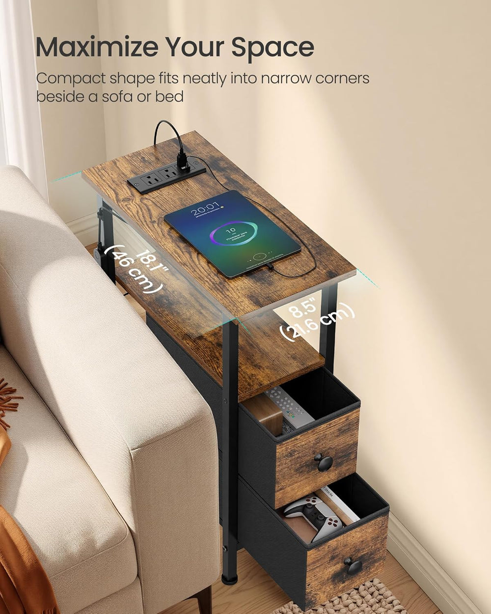 SONGMICS Side Table, Nightstand with Charging Station, End Table with LED Lig...
