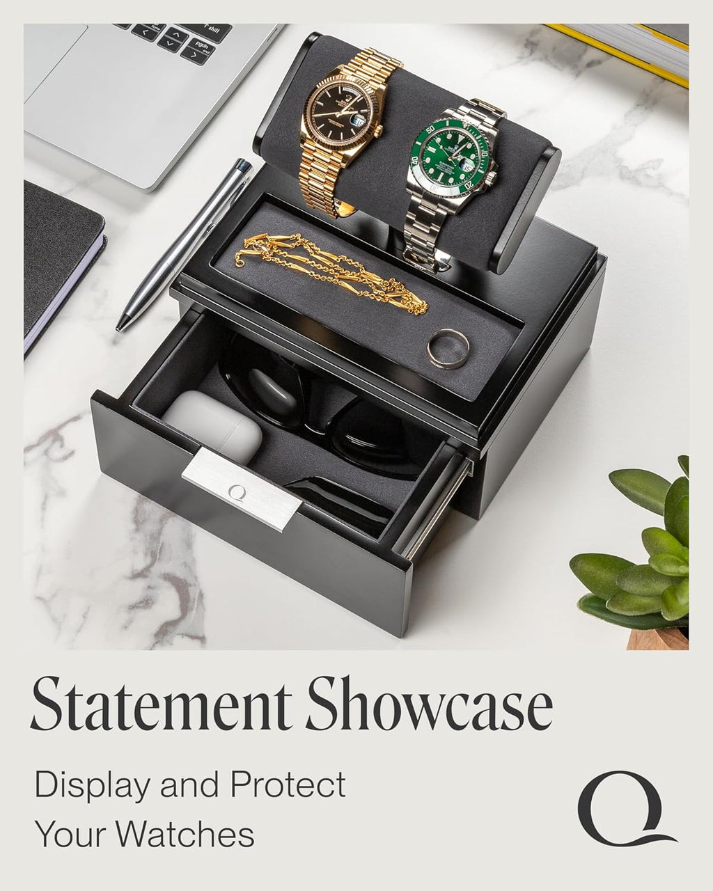 QWATCH Watch Stand Display Case - Acrylic Watch Box for 2 or 4 Watches with Jewelry Valet Tray and Drawer