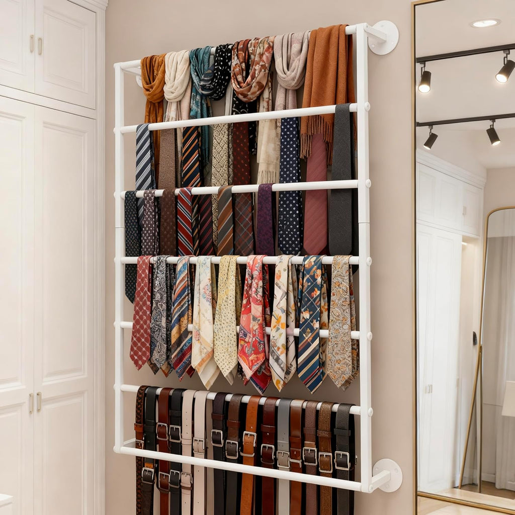 Wall Mounted Display Rack, 7-Layer Wrapping Paper Ribbon Organizer Scarves Tie & Scarf Rack Belts Towel Holder Necktie Hijab Stand Metal Shelving for Home, Retail Stores, Flower Shop