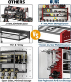 Tomorotec 4-Layer Wall-Mounted Power Tool Storage Rack, Heavy-Duty Steel Drill Organizer with Adjustable Shelves & Side Hooks for Toolbox, Easy Installation Garage & Workshop Storage (Red)