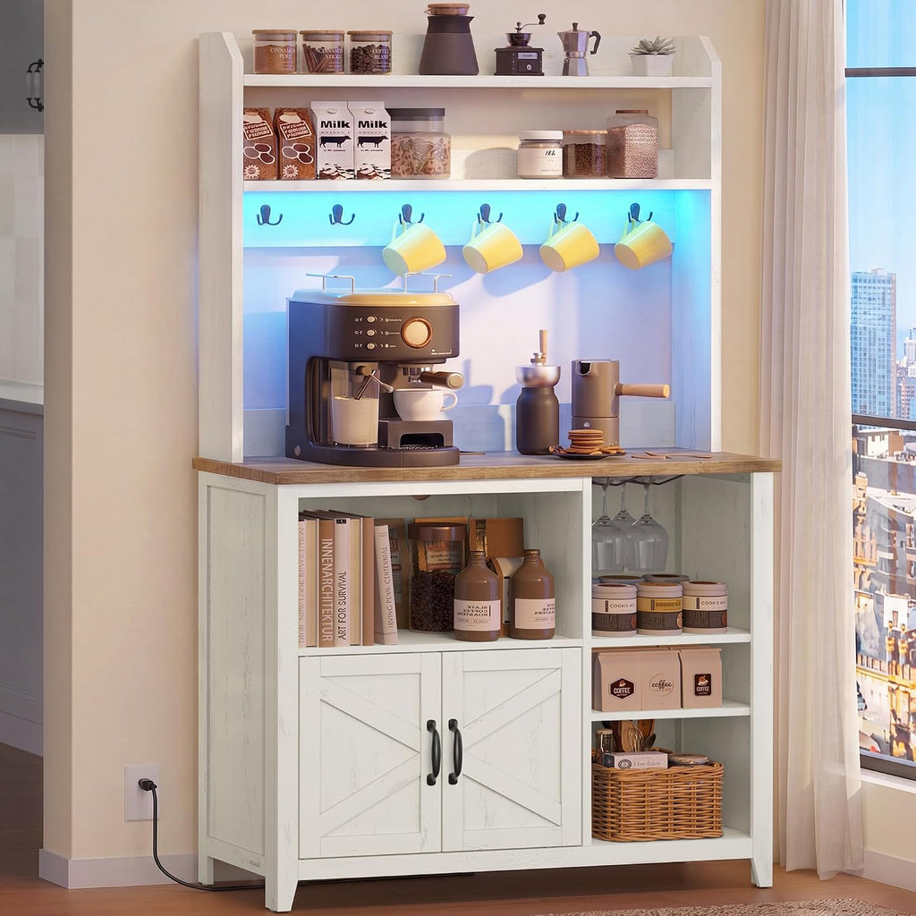 VASAGLE Baker's Rack with LED Lights and Power Outlet, Farmhouse Coffee Bar Cabinet with 6 Hooks, 35.4 x 14.2 x 68.9 Inches, Cloud White and Brown Liry Collection UKKS113W101S